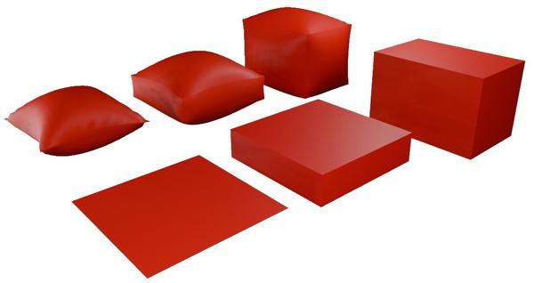 Computer simulation of 3 types of shapes: Flat bag, narrow bag and cuboid.