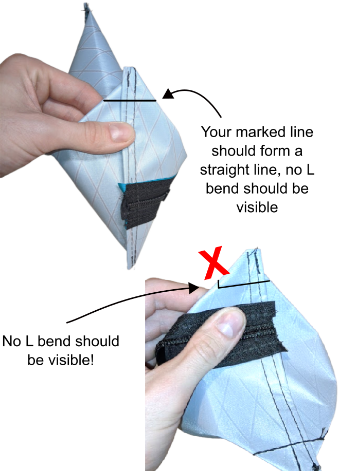 Diagram demonstrating how to pull and pinch the corners of the fabric to form the 3D boxed shape of the pouch