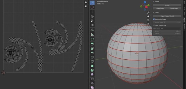 Sphere unwrapped using the papercraft plugin. A spiral instead of a nice disk