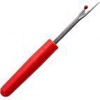 A seam ripper with a red handle.