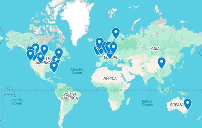 A world map with pins showing a selection of fabric shops worldwide